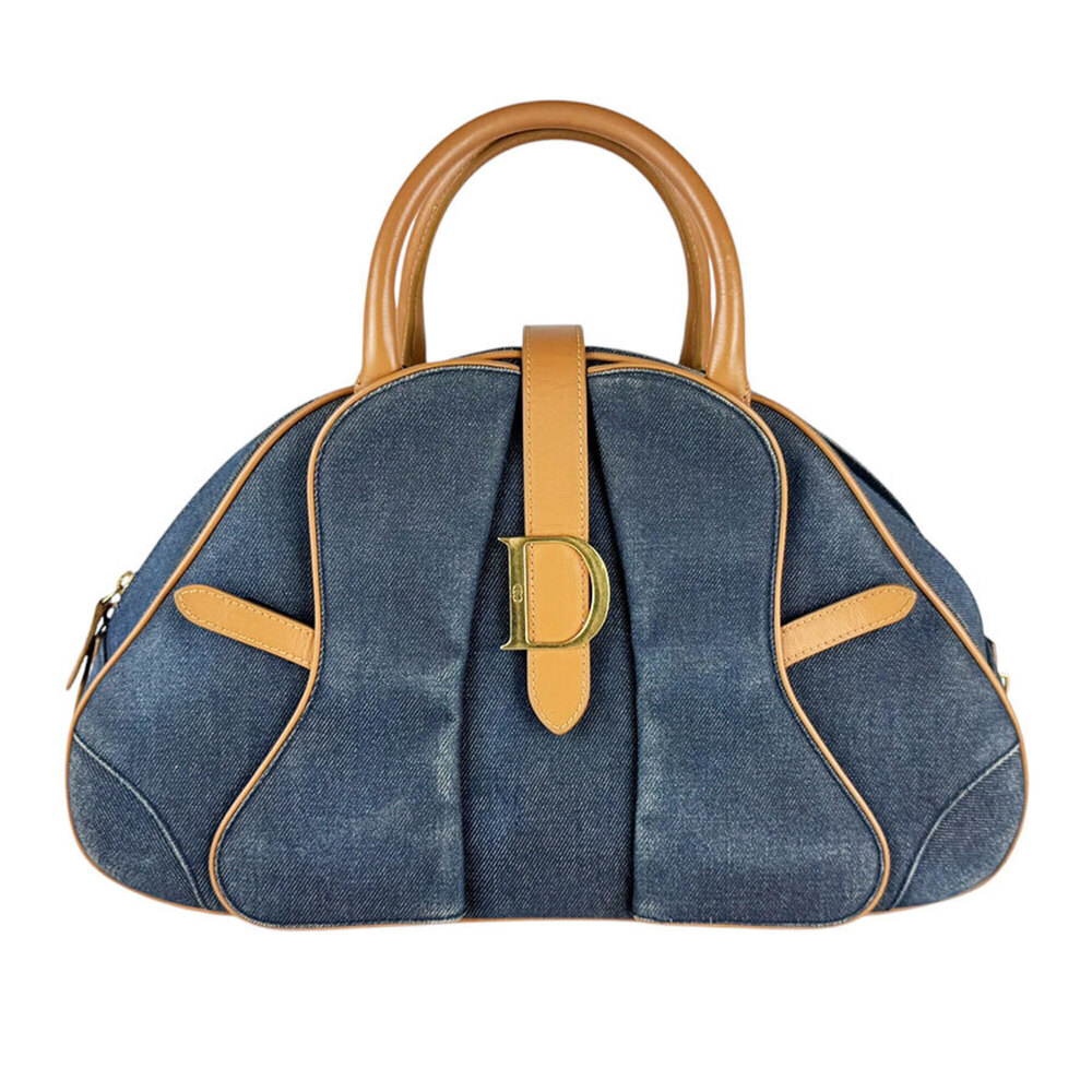 Christian Dior handbag, denim leather, navy, brown, gold, women's, z11103